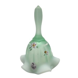 FENTON Green Glass Handpainted Floral Ruffle Edge Bell Signed A. Farley